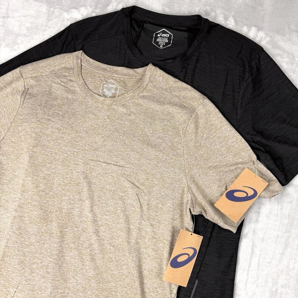 Lot 2 - Asics Mens Knit Training Gym Tee Size Medium Beige/Black Lifting Running